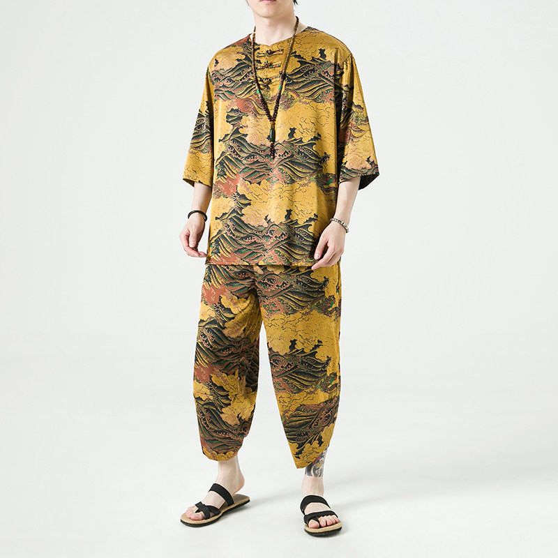 2024夏季风男装冰丝复古唐装汉服套装两件套C229/TZ356/P100,男装休闲套装,电商C229