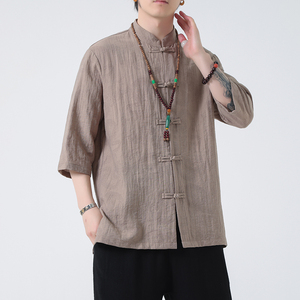 2024夏风男装盘扣唐装汉服短袖五分袖衬衫衬衣C229-Y1018-P65图片