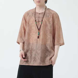 2024夏季风男装盘扣棉麻亚麻唐装汉服短袖T恤C229-T216-P60图片