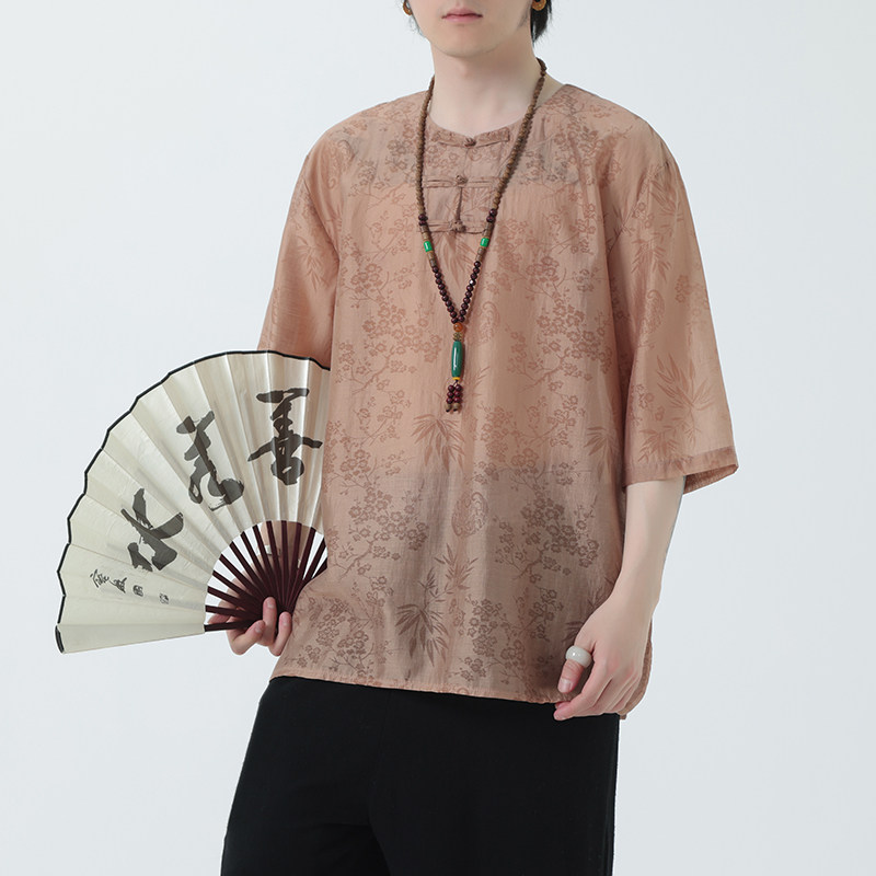 2024夏季风男装盘扣棉麻亚麻唐装汉服短袖T恤C229-T216-P60,男装T恤,电商C229
