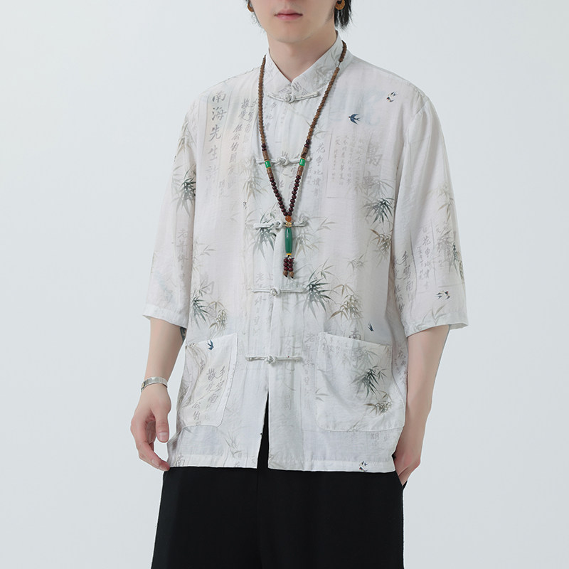 2024夏风男装冰丝印花唐装短袖五分袖衬衫衬衣C229-Y1019-P70,男装衬衫,电商C229