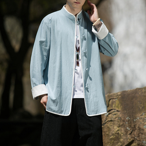 2024秋冬风男装棉麻亚麻盘扣唐装汉服衬衫衬衣C229/Y658/P80,秋冬束脚格子裤子搭配什么上衣图片