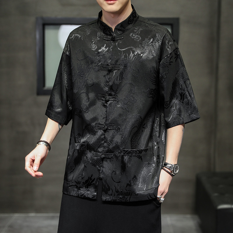2024夏风男装日系唐装汉服五分袖短袖盘扣衬衫C229/Y620/P50图片