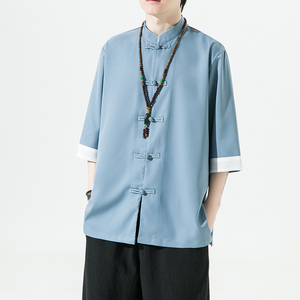 2023夏款风男装冰丝唐装汉服白底五分袖衬衫男C229/Y677/P60图片
