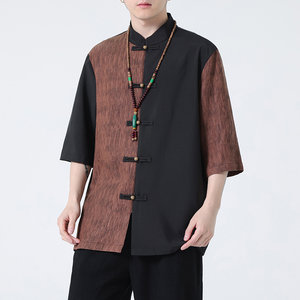 2024春夏新款风男装撞色拼接唐装汉服短袖衬衫C229-Y904-P65图片