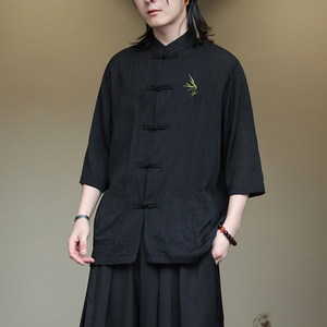2024夏风男装刺绣唐装汉服短袖五分袖衬衫衬衣C229-Y907-P65图片