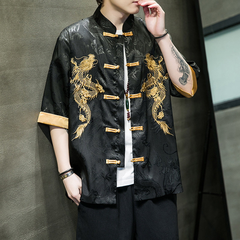 2024春夏风男装冰丝刺绣日系汉服五分袖短袖T恤C229/Y656/P60,男装衬衫,电商C229