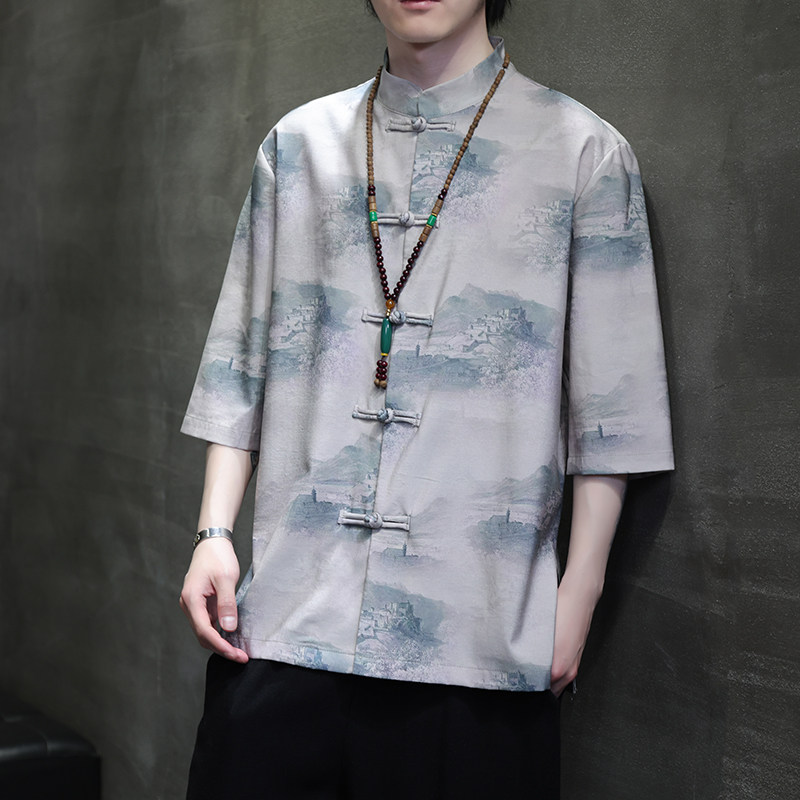 2024夏风男装印花唐装汉服短袖五分袖衬衫衬衣C229-Y1023-P68图片