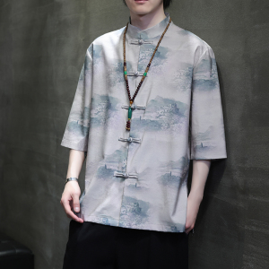 2024夏风男装印花唐装汉服短袖五分袖衬衫衬衣C229-Y1023-P68图片