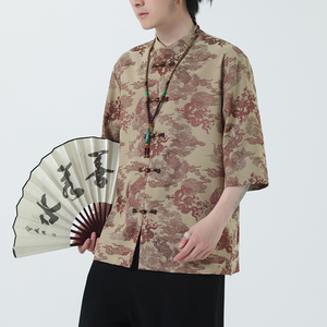 2024夏风男装盘扣中式汉服短袖五分袖衬衫衬衣C229-Y1030-P70图片