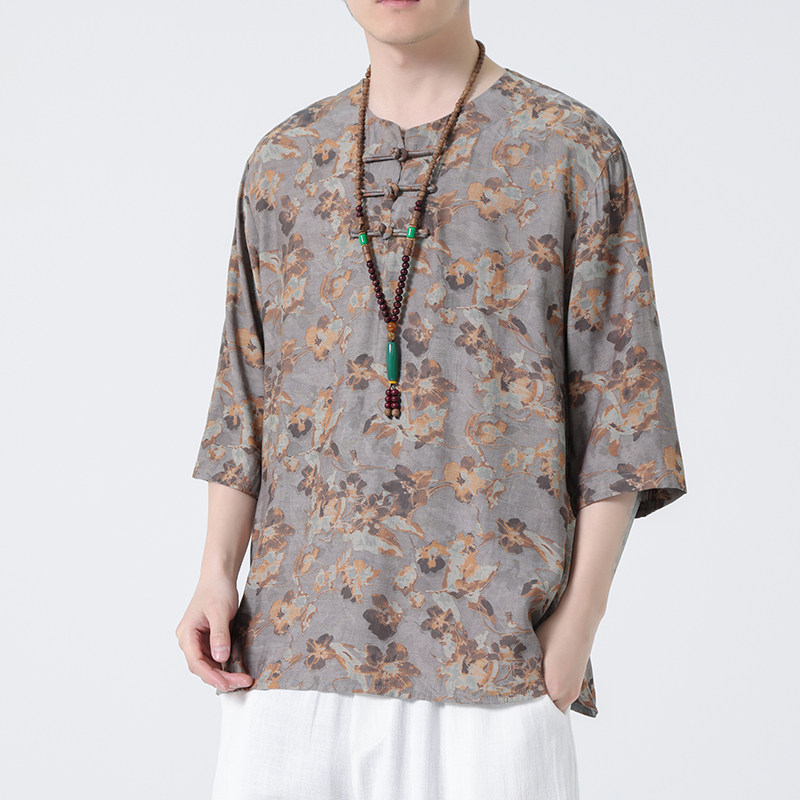 2024春夏新款风男装冰丝唐装汉服短袖五分袖T恤C229-T214-P60，男装T恤，电商C229