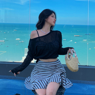 新款大码泳衣女慵懒风黑色长袖罩衫女沙滩防晒分体三件套胖mm泳装