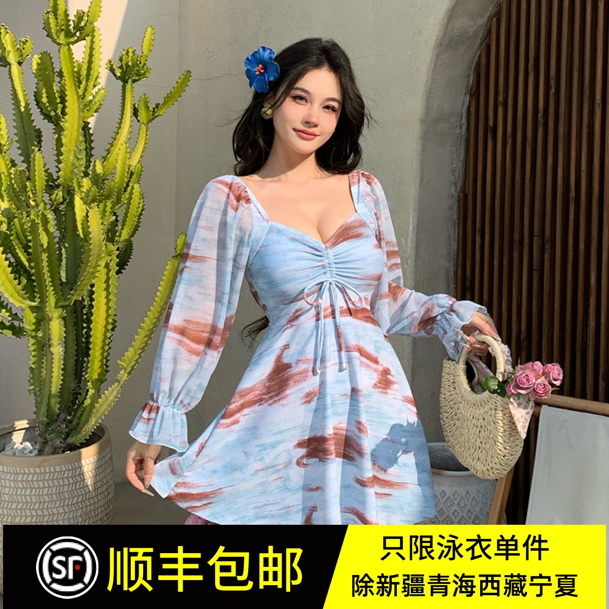 2025年新款泳衣女扎染大码胖mm连体裙式遮肚显瘦保守长袖性感泳装