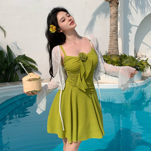 2025新款 胖mm泡温泉泳装 连体裙式 罩衫 遮肚显瘦保守长袖 泳衣女大码