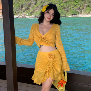 三件套海边度假显瘦胖mm泳装 新款 裙式 长袖 微胖女孩分体泳衣女大码