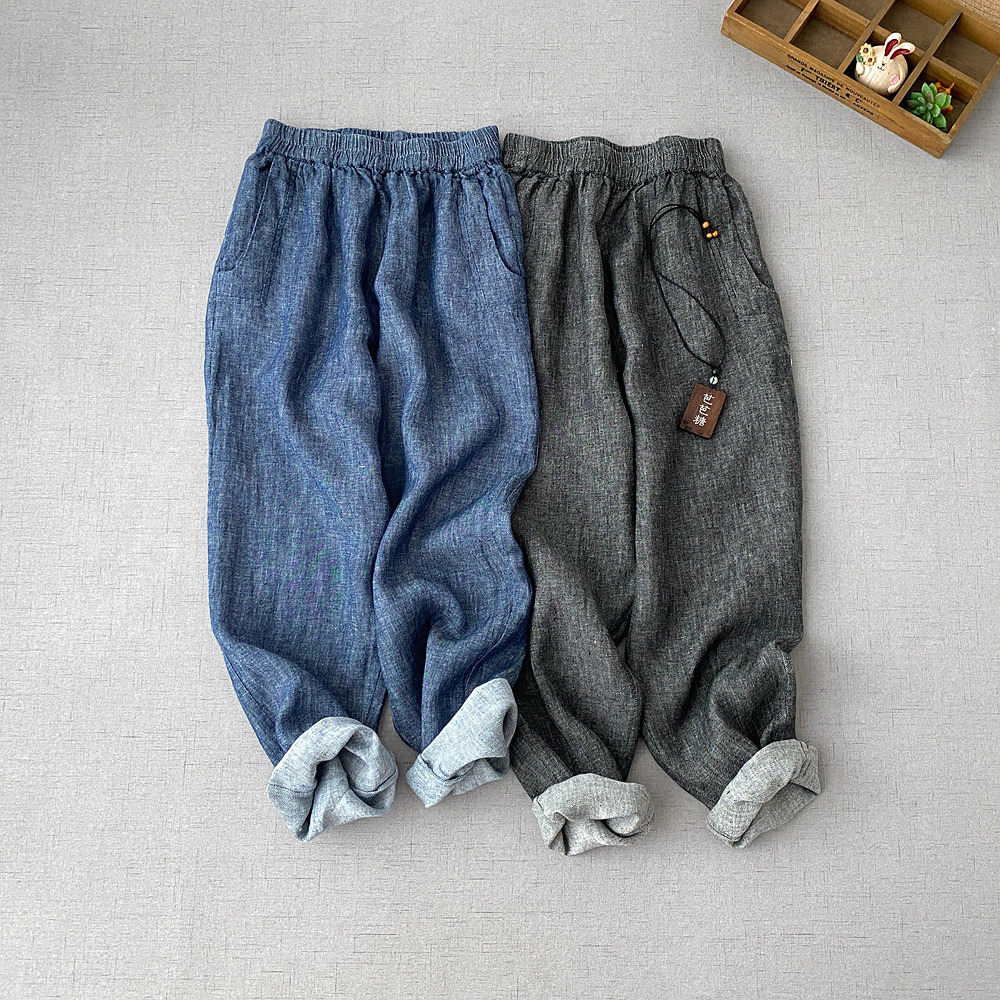 春季新品女裤水洗汉麻牛仔裤舒适百搭小脚长裤简约宽松休闲麻裤