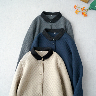 秋冬夹棉上衣休闲中长款 绗缝棉外套简约百搭蕾丝小翻领棉服棉衣