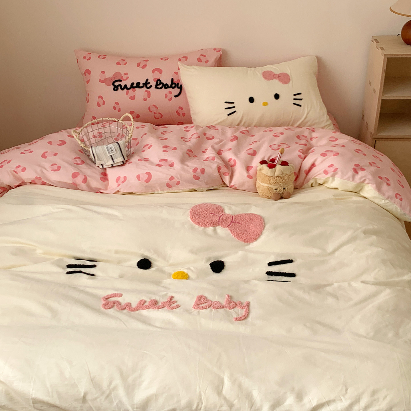 黑皮hellokitty全棉四件套女孩豹纹60支纯棉初中生被套床单三件套