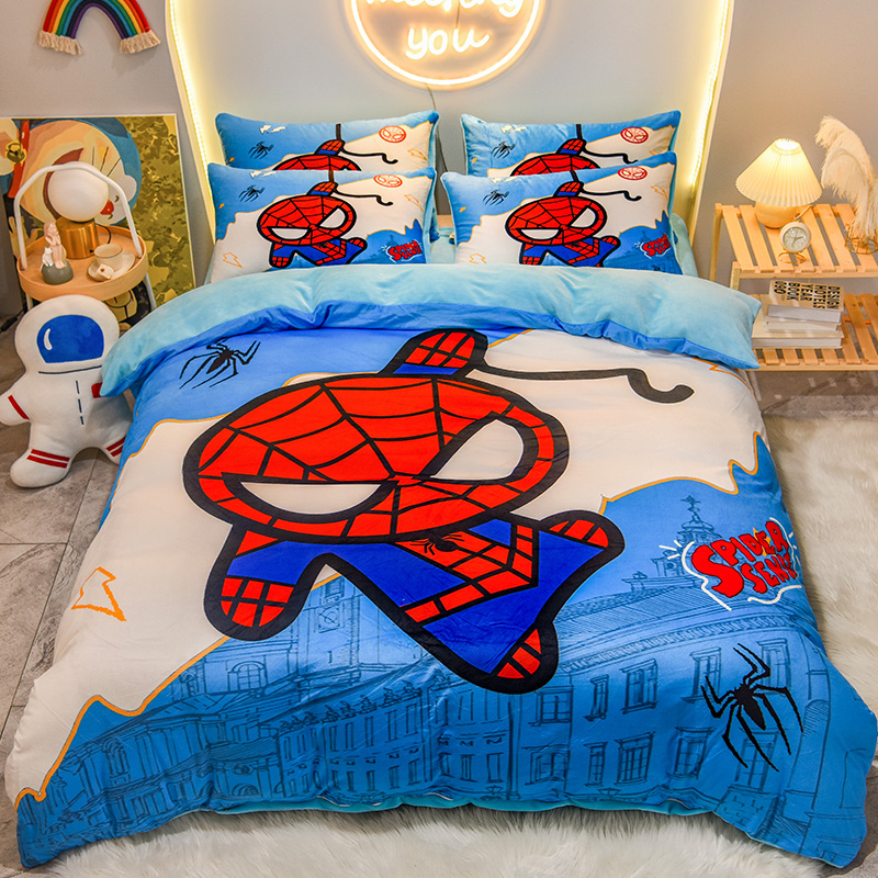 蜘蛛侠冬季牛奶绒床上四件套男孩漫威超人加绒被套儿童床单三件套