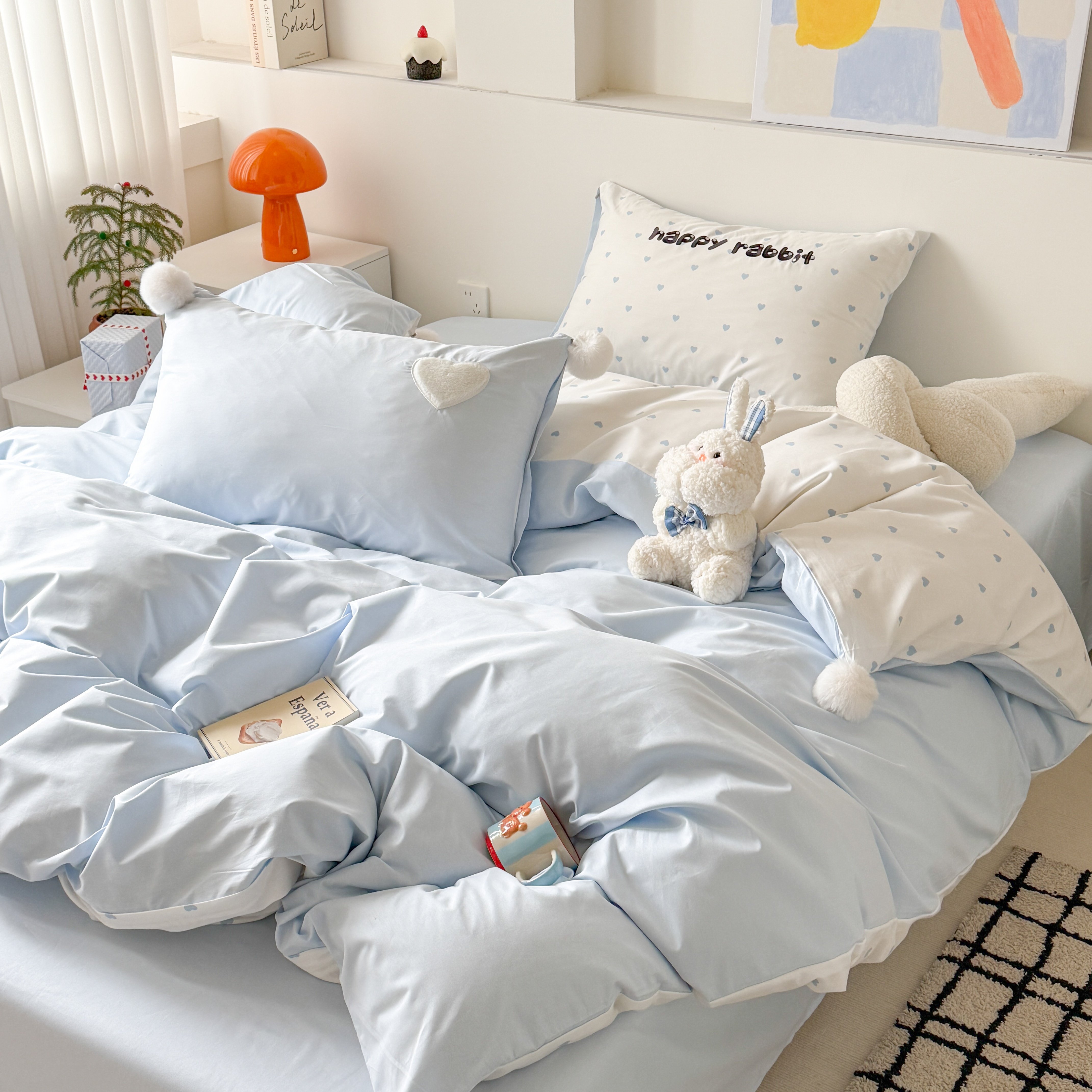 纯色奶油风全棉毛球四件套儿童可爱纯棉被套公主少女心床上用品