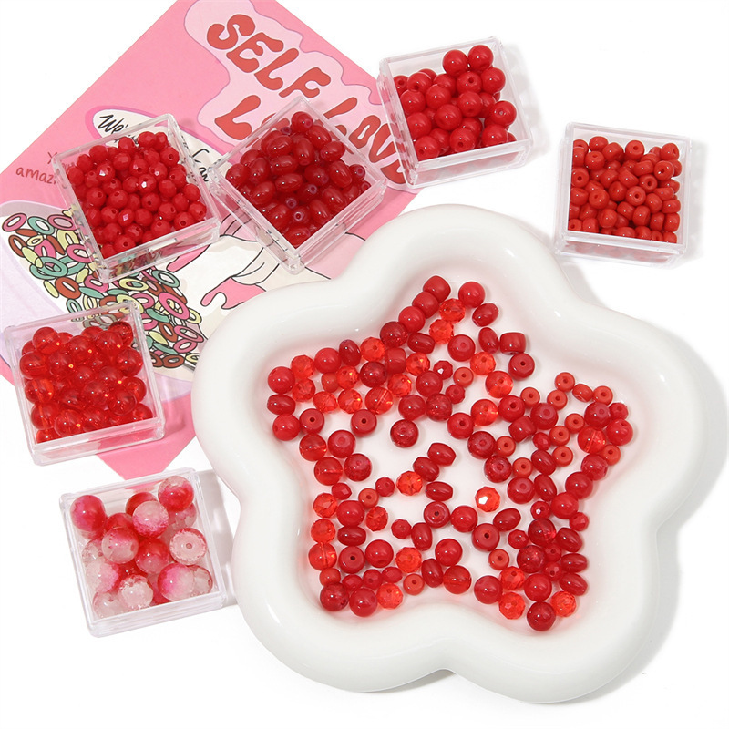 玻璃红色透明实色圆珠水晶珠车轮珠竹节手工制作手串手链项链饰品