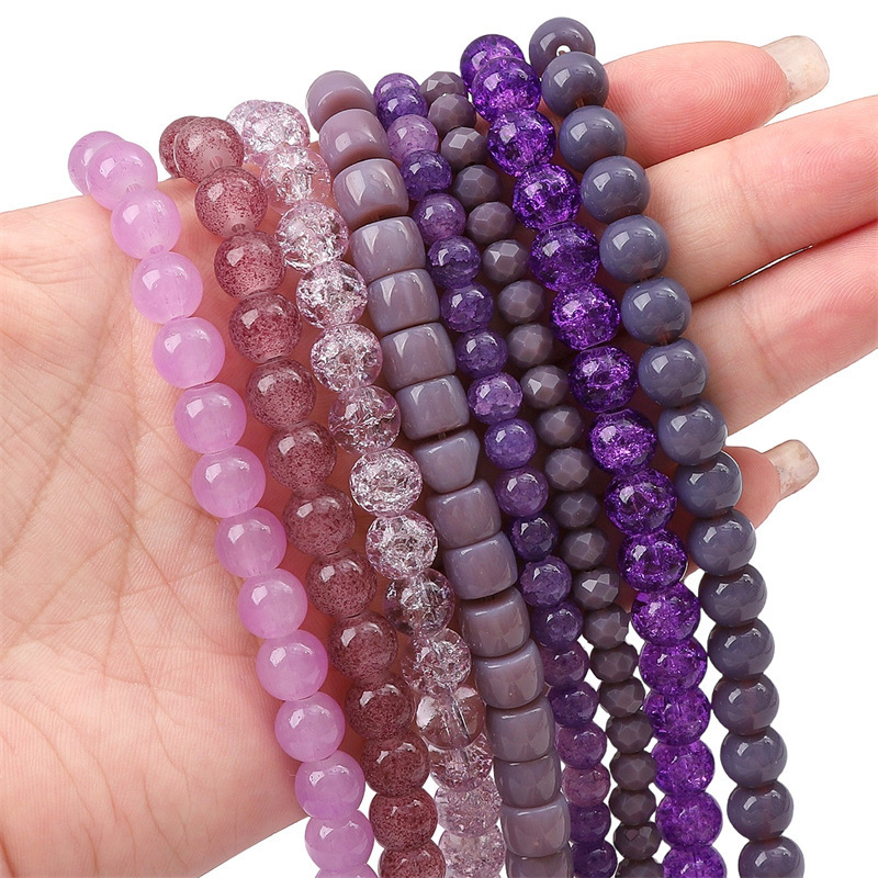 玻璃紫色透明实色圆珠水晶珠车轮珠竹节手工diy手串手链项链饰品