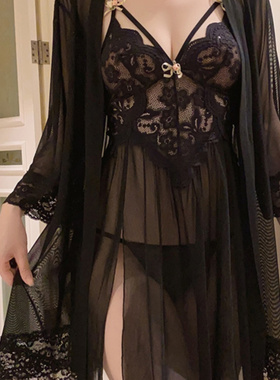 性感睡衣女春秋季透明网纱吊带睡裙开衩2025新款透视蕾丝睡袍纯欲