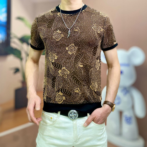 JH佳航服饰夏季冰丝短袖男士t恤2024新款时尚高品质轻奢圆领半袖