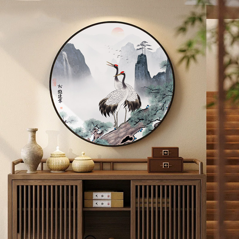 松鹤延年挂画中堂画圆形装饰画图片