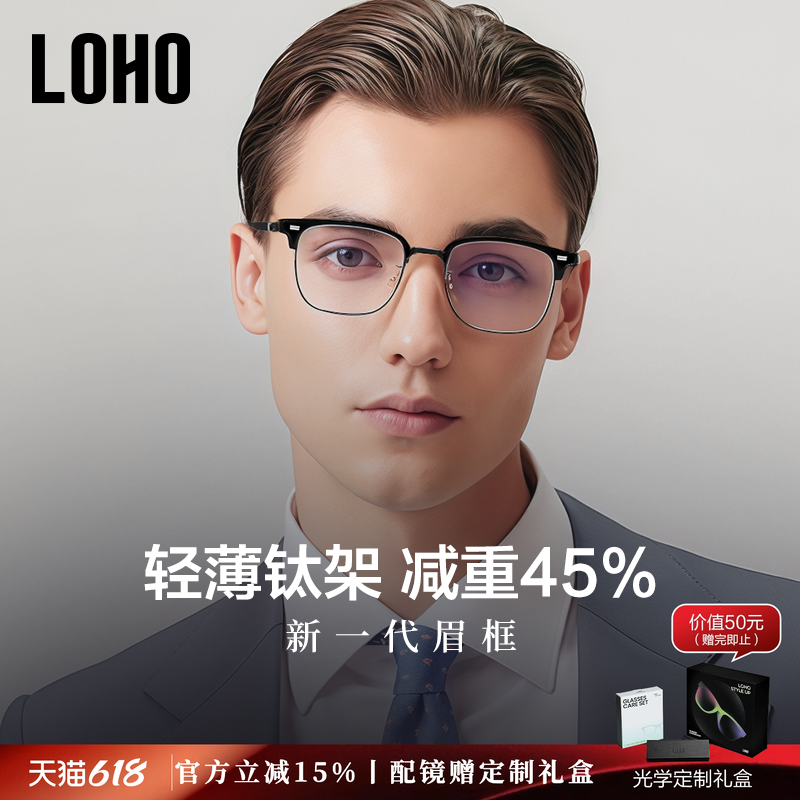 LOHO半框眼镜框超轻纯钛近视蓝光学镜架商务专利眉框架配蔡司镜片