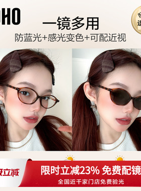 LOHO椭圆小框书呆子自动感光变色墨镜女可配有度数近视防晒太阳镜