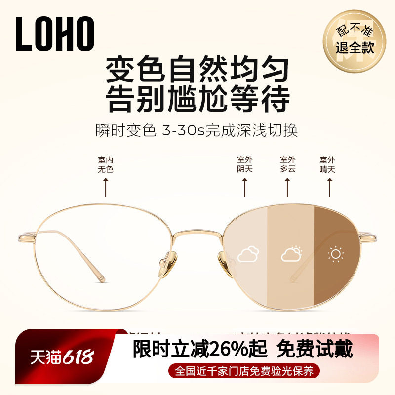LOHO椭圆钛架防蓝光眼睛感光变色眼镜框太阳墨镜可配度数一镜两用