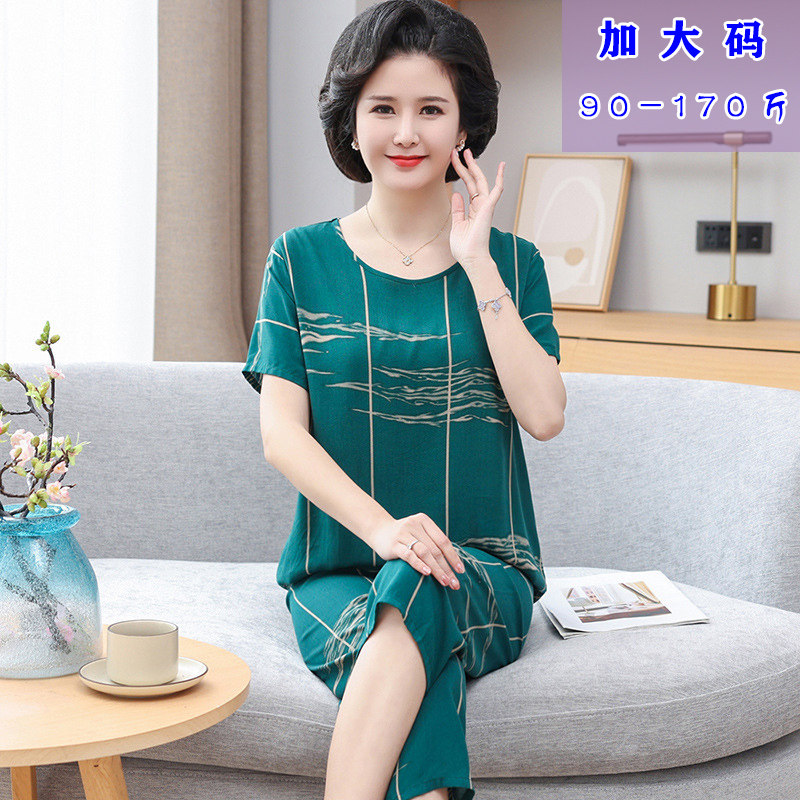 大码家居服中老年女士夏季短袖七分裤胖妈妈睡衣可外穿人造棉宽松