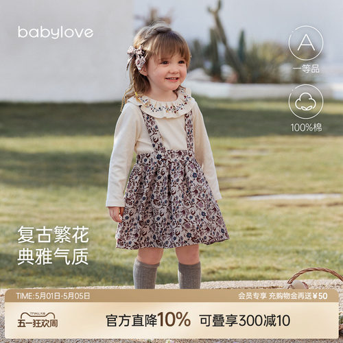 babylove女宝宝春夏季纯棉背带裙婴儿法式碎花外出公主裙堇色花枝