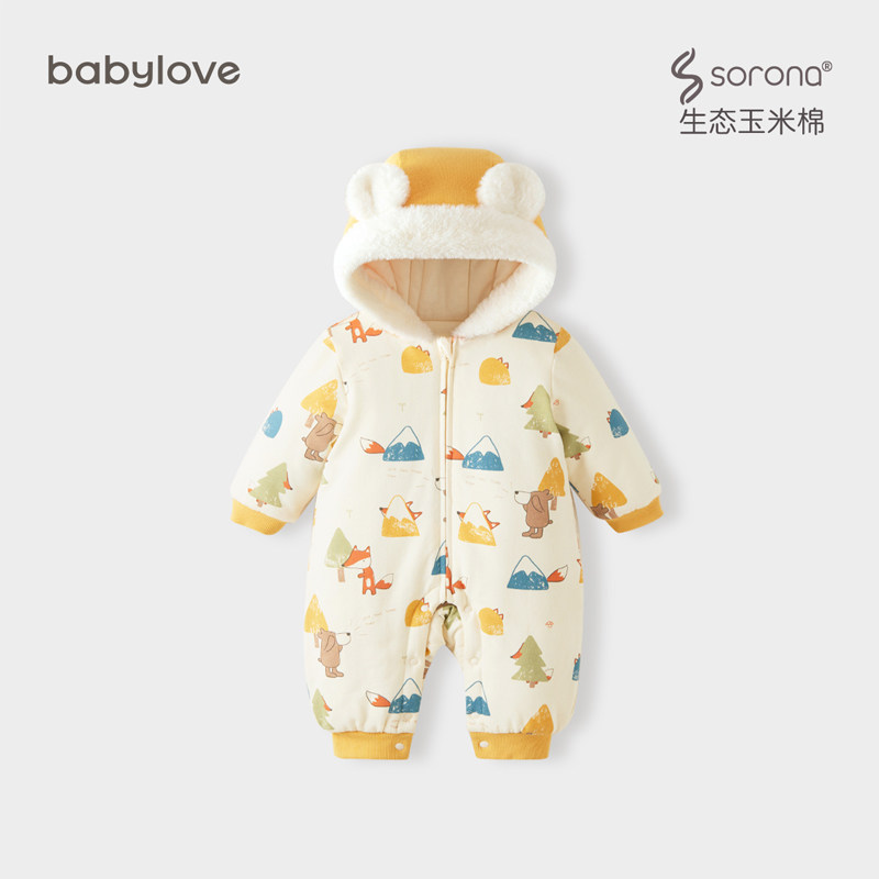 babylove婴儿连帽外出棉服连体衣加厚保暖宝宝哈衣秋冬装棉袄洋气