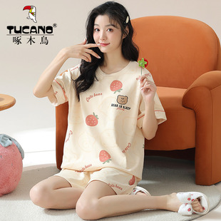 女士春秋天薄款 啄木鸟甜美睡衣女夏季 套头套装 短裤 家居服 纯棉短袖