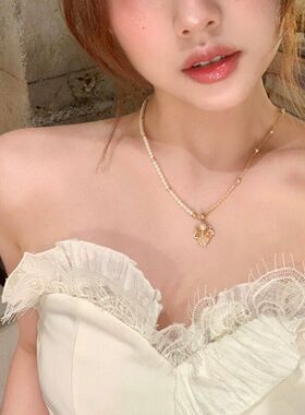 法式金色渐变枫叶珍珠拼接项链女轻奢小众高级感锁骨链配饰颈链