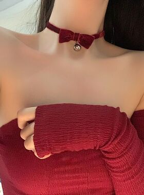 脖子大小铃铛项圈女蝴蝶结choker圣诞节粗项链颈环颈带红色颈链