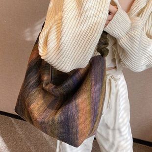 欧美女包复古浪漫毛呢包撞色条纹做旧小众褶皱女士大容量单肩包