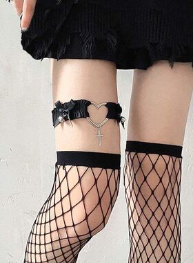 黑色性感可爱心形腿圈蕾丝桃心腿环弹力可调节jk大腿朋克项圈配饰