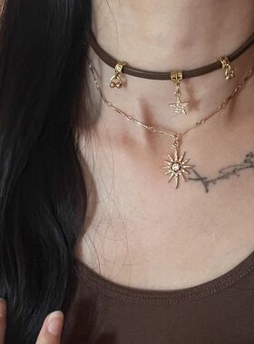 复古棕色太阳双层项链choker美拉德小众百搭颈链美式辣妹锁骨链女