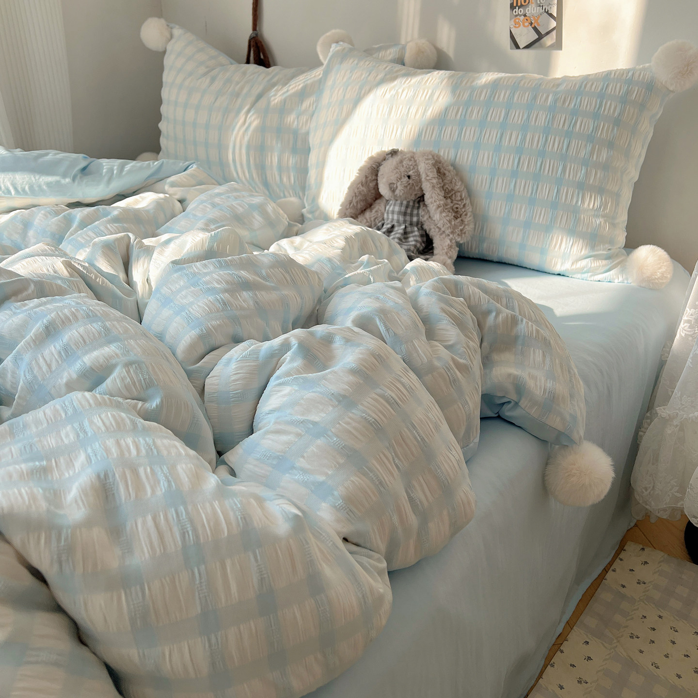 ins风简约可爱毛球亲肤泡泡纱格子四件套宿舍单人双人1.8米床品,床上用品,床品套件/四件套/多件套,淘宝优惠券,粉丝福利购,淘宝优惠卷