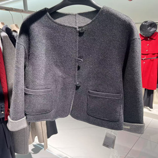 004S173-1商场同款中式短款圆领拼色双面羊绒外套2025秋冬女上衣