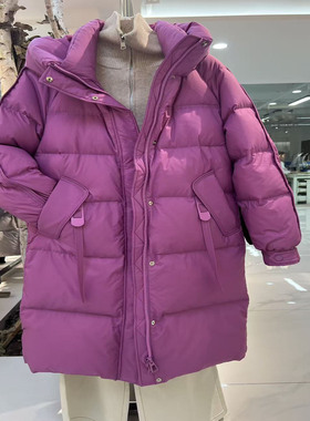 639R512-8商场同款时尚气质保暖连帽中长款羽绒服2025冬款女外套