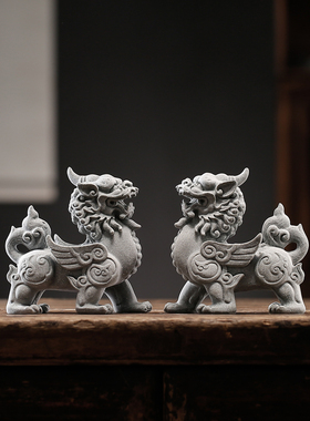 创意独角兽对绿色砂岩茶宠物茶玩饰品鱼缸景观中国风客厅酒柜电视