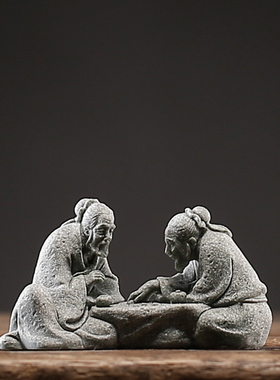 中式博弈仙翁茶宠摆件青砂石创意下棋老者鱼缸造景茶桌书房装饰品