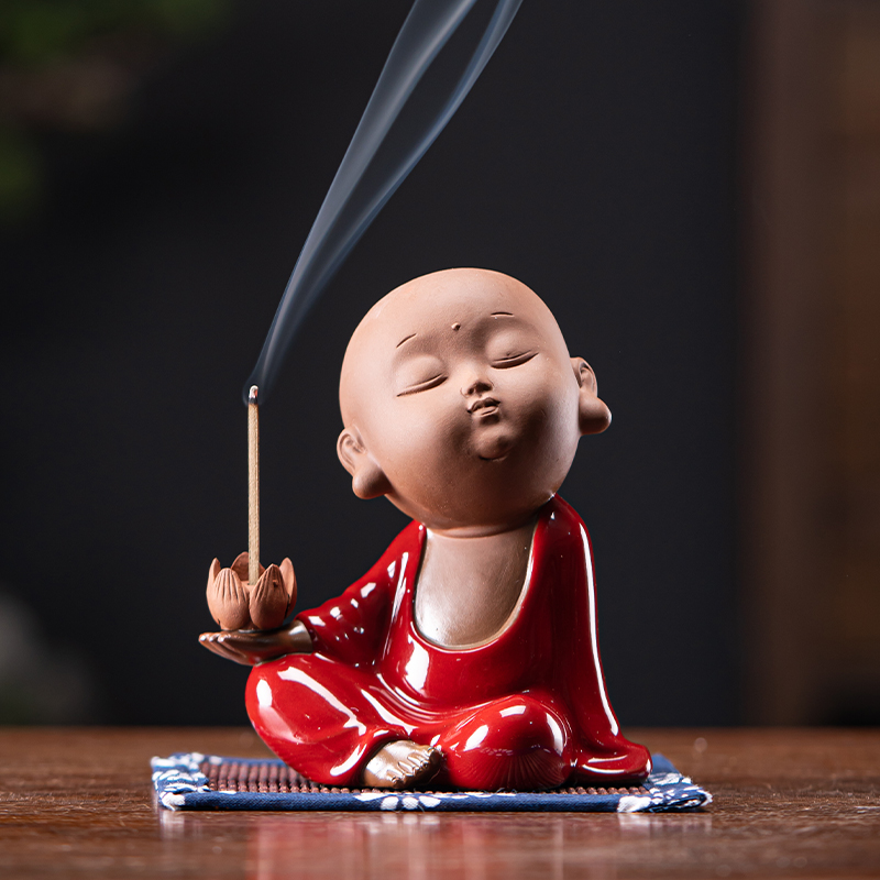 中式禅意小和尚精品茶宠线香插陶瓷摆件茶道茶玩创意家居桌面装饰