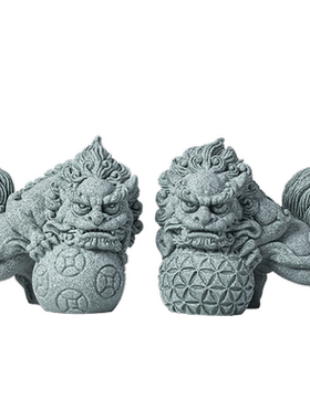 青砂石招财国潮桌面狴犴双狮戏球