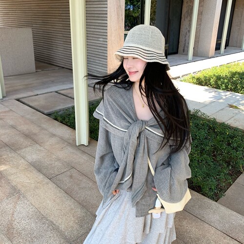 亚麻棉海军领长袖衬衫上衣女