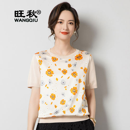 旺秋国风印花桑蚕丝针织女T恤